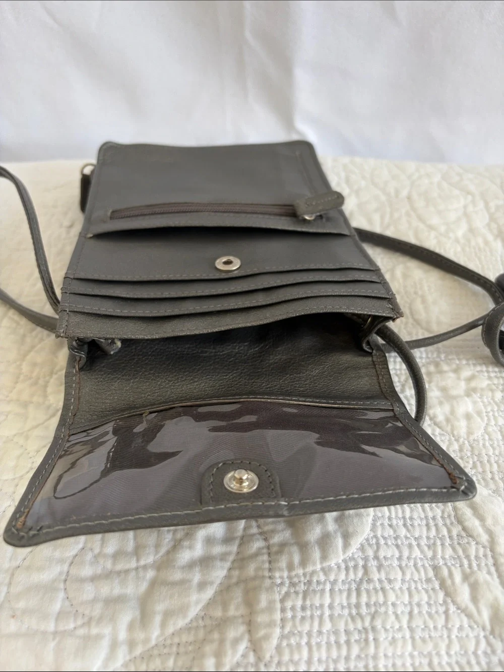 Sleek Gray Women's Crossbody Bag with Front and Side Zip Pockets